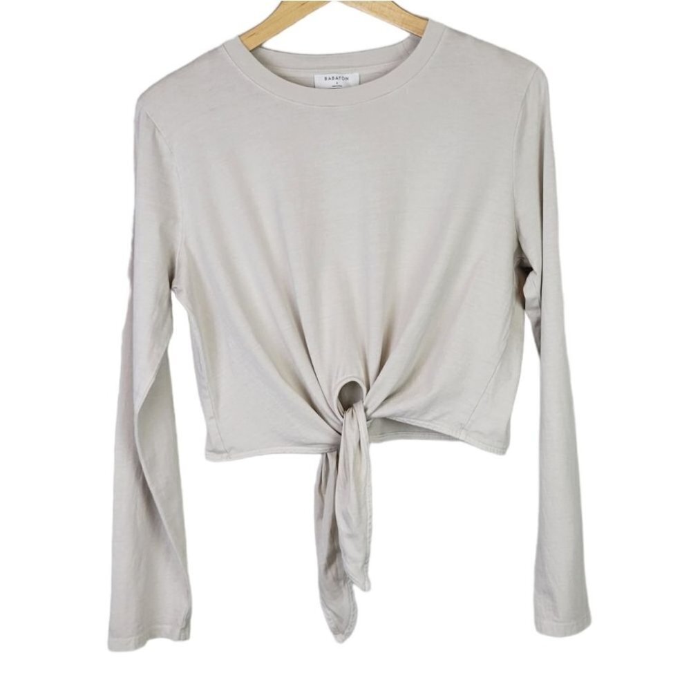 Aritzia Babaton Headline Long Sleeve Tie Front Cotton Beige S